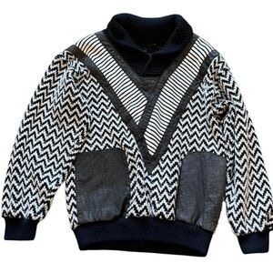 Vtg. Black & white chevron knit sweater with leather patchwork knit #patchwork
